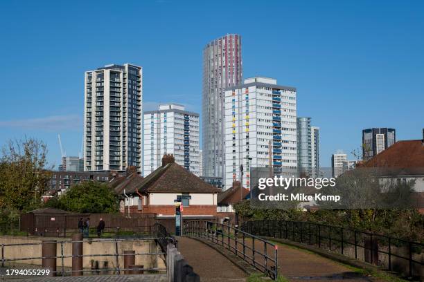 New high rise apartment blocks in Stratford City on 17th November 2023 in East London, United Kingdom. Stratford is now the primary mixed-use...