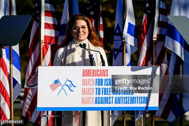 Debra Messing speaks during the March for Israel on the National Mall on November 14, 2023 in Washington, DC. The March for Israel was organized to...