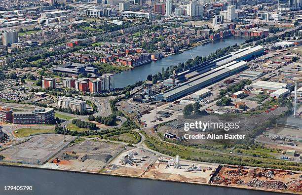 aerial view of cardiff docks - cardiff wales stock pictures, royalty-free photos & images