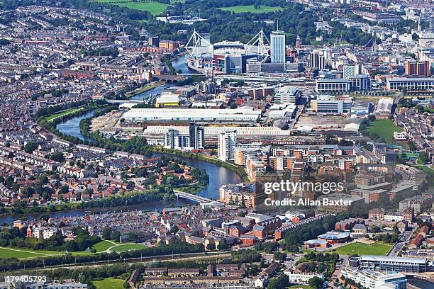 aerial view of central cardiff - cardiff fotografías e imágenes de stock