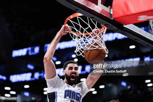 Goga Bitadze of the Orlando Magic dunks the ball during the third quarter of the game against the Brooklyn Nets during the NBA In-Season Tournament...