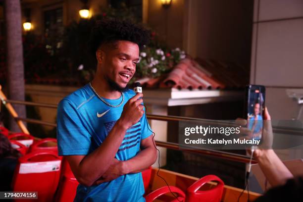 Paralympian Noah Malone of Fishers, Indiana, is interviewed during the Team USA Road to Paris Bus Tour on November 14, 2023 in Los Angeles,...