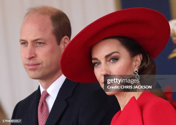 Britain's Prince William, Prince of Wales and his wife Britain's Catherine, Princess of Wales attend a Ceremonial Welcome for South Korea's...