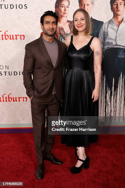Kumail Nanjiani and Emily V. Gordon attend the Los Angeles Premiere Of MGM's "Saltburn" at The Theatre at Ace Hotel on November 14, 2023 in Los...
