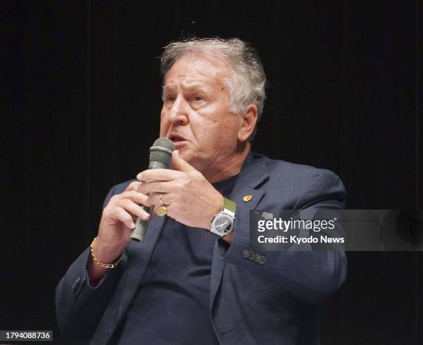 Brazilian football icon and former Japan manager Zico delivers a speech in the northeastern Japan city of Aomori on Nov. 21, 2023.