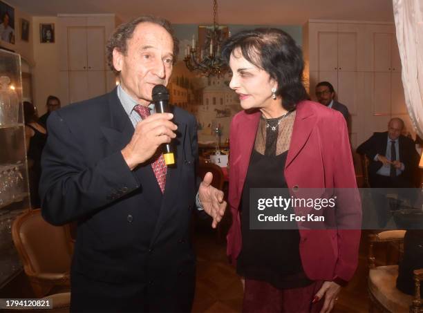 Michel Soyer and Anne Marie Mitterrand attend the Diner Centenaire Gustave Eiffel at Hotel prive Champs de Mars on November 14,2023 in Paris, France.