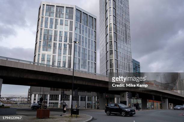 New high rise apartment blocks in Stratford City behind the A118 flyover on 17th November 2023 in East London, United Kingdom. Stratford is now the...