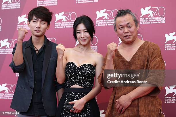 Suh Yeong Ju, Lee Eun-Woo and Kim Ki-duk attend 'Moebius' Photocall during the 70th Venice International Film Festival at Palazzo del Casino on...