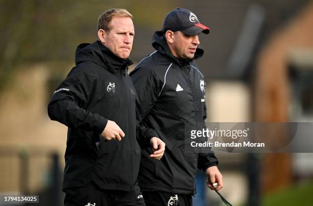 Limerick , Ireland - 21 November 2023; Attack coach Mike Prendergast, left, and defence coach Denis Leamy during a Munster rugby squad training...