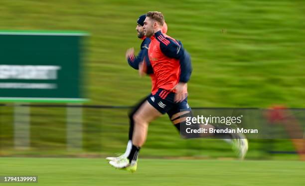 Limerick , Ireland - 21 November 2023; Jack Crowley, right, and Conor Murray during a Munster rugby squad training session at University of Limerick...