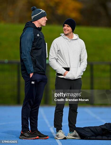 Limerick , Ireland - 21 November 2023; Ireland forwards coach Paul O'Connell, left, and Limerick hurling coach Paul Kinnerk during a Munster rugby...