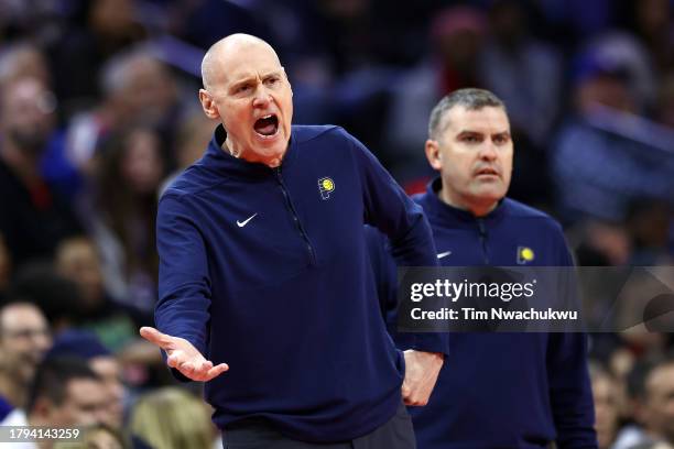 Head coach Rick Carlisle of the Indiana Pacers reacts during the second quarter against the Philadelphia 76ers at the Wells Fargo Center on November...
