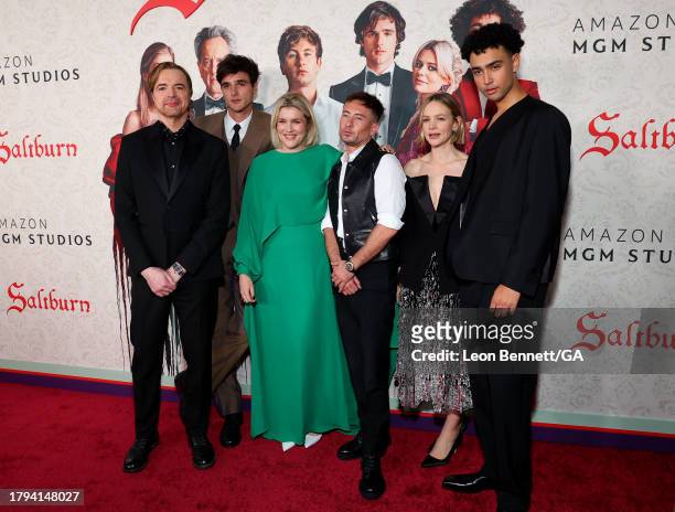 Paul Rhys, Jacob Elordi, Emerald Fennell, Barry Keoghan, Carey Mulligan and Archie Madekwe attend the Los Angeles Premiere Of MGM's "Saltburn" at The...