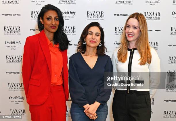 Dr Shini Somara, CEO of writer.com May Habib and Author Verity Harding attend the Harper's Bazaar At Work Summit, in partnership with Porsche and...