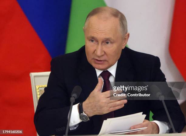 Russian President Vladimir Putin speaks during Russian-Tajik talks at the Grand Kremlin Palace, on November 21, 2023 in Moscow, Russia. President of...