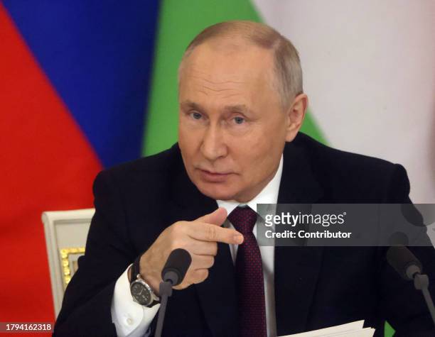 Russian President Vladimir Putin speaks during Russian-Tajik talks at the Grand Kremlin Palace, on November 21, 2023 in Moscow, Russia. President of...