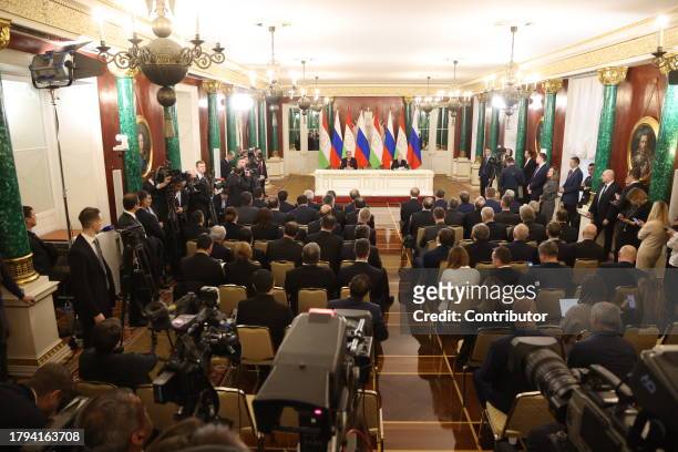 Russian President Vladimir Putin and Tajik President Emomali Rakhmon seen during the meeting at the Grand Kremlin Palace, on November 21, 2023 in...