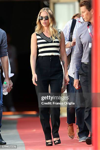 Actress Scarlett Johansson leaves the 'Under The Skin' Photocall during the 70th Venice International Film Festival at Palazzo del Casino on...