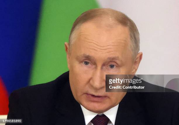 Russian President Vladimir Putin speeches during Russian-Tajik talks at the Grand Kremlin Palace, on November 21, 2023 in Moscow, Russia. President...