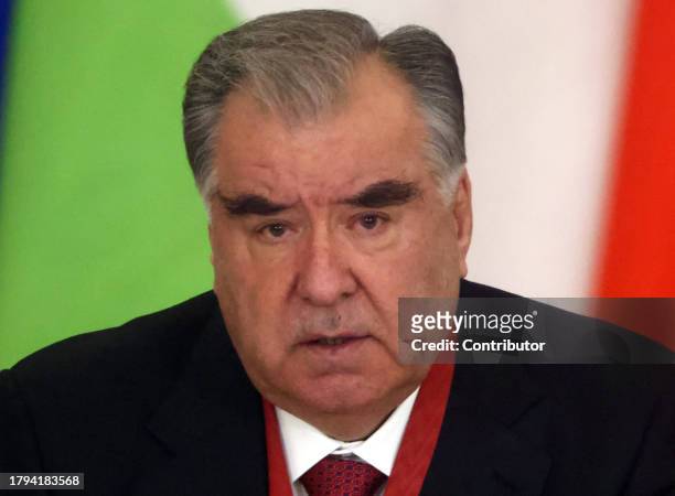 Tajik President Emomali Rakhmon speaks during Russian-Tajik talks at the Grand Kremlin Palace, on November 21, 2023 in Moscow, Russia. President of...