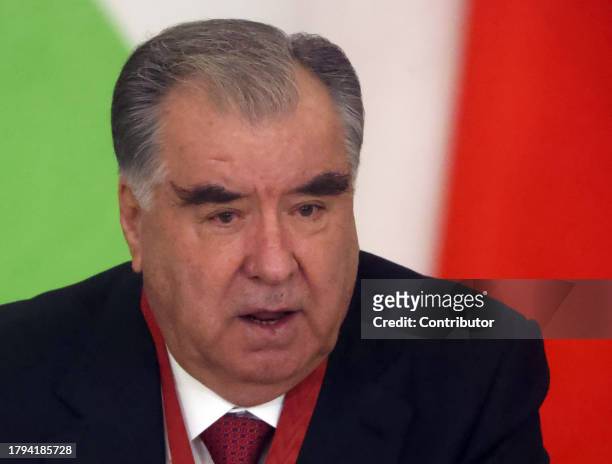 Tajik President Emomali Rakhmon speaks during Russian-Tajik talks at the Grand Kremlin Palace, on November 21, 2023 in Moscow, Russia. President of...