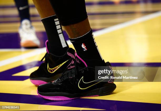 The Nike shoes of LeBron James of the Los Angeles Lakers in the first quarter at Crypto.com Arena on November 14, 2023 in Los Angeles, California....