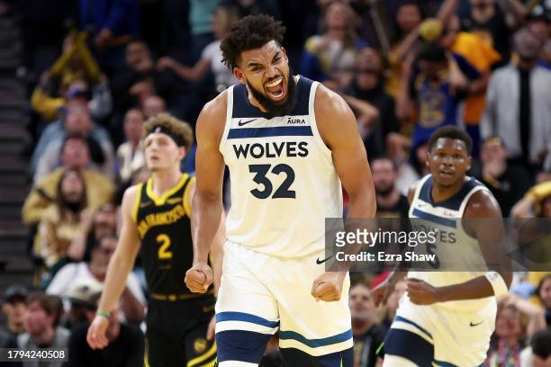 Karl-Anthony Towns of the Minnesota Timberwolves reacts after making a three-point basket against the Golden State Warriors at Chase Center on...