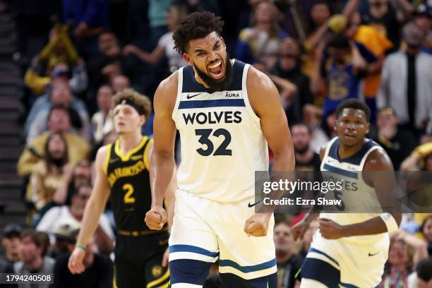 Karl-Anthony Towns of the Minnesota Timberwolves reacts after making a three-point basket against the Golden State Warriors at Chase Center on...