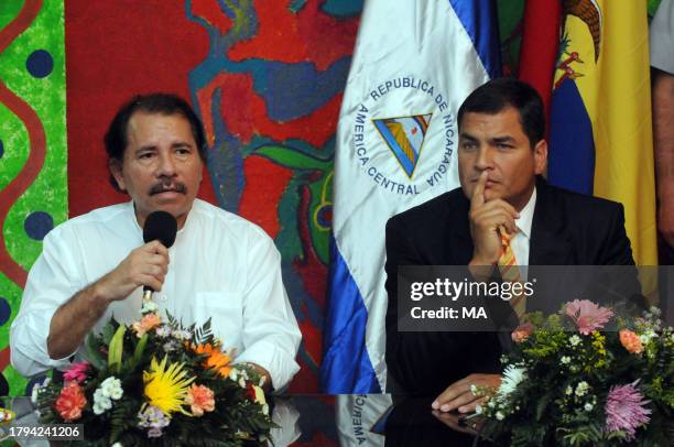 Nicaragua's President Daniel Ortega and Ecuadorean President Rafael Correa during the announcement of the withdrawal by Nicaragua of its ambassador...