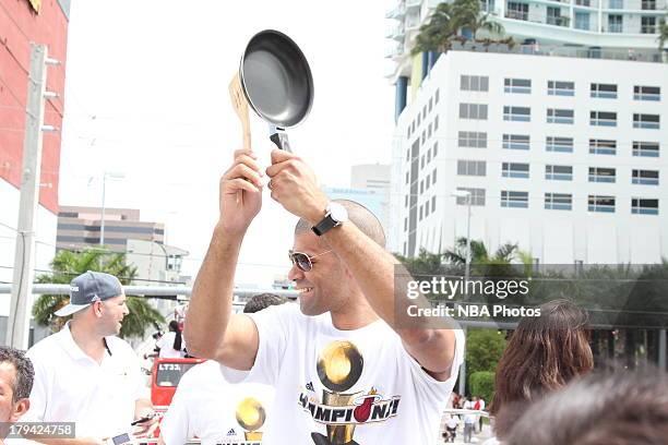 Shane Battier of the Miami Heat waves to the crowd during a rally for the 2012 NBA Champions Miami Heat on June 25, 2012 at American Airlines Arena...