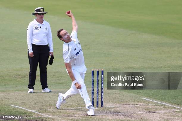 Joel Paris of Western Australia bowls during the Sheffield Shield match between Western Australia and South Australia at the WACA, on November 15 in...