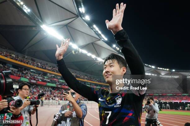 Son Heungmin of South Korea applauds the fans after the 2026 FIFA World Cup Qualifier second round Group C match between China and South Korea at...