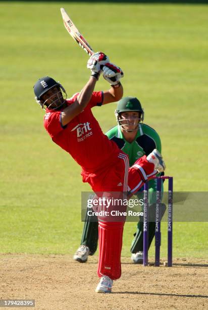 Ravi Bopara of England hits a six during the RSA Challenge One Day International match between Ireland and England on September 3, 2013 in Malahide,...