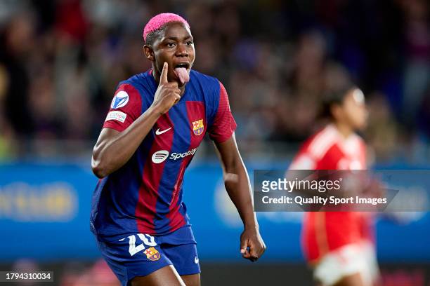 Asisat Oshoala of FC Barcelona celebrates after scoring their side's fifth goal during the UEFA Women's Champions League group stage match between FC...