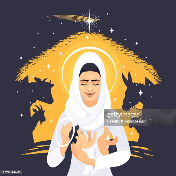 the birth of christ. the holy child. mother and child. - angel card design ideas stock illustrations