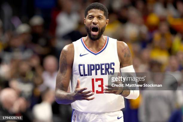 Paul George of the Los Angeles Clippers reacts against the Denver Nuggets in the fourth quarter at Ball Arena on November 14, 2023 in Denver,...