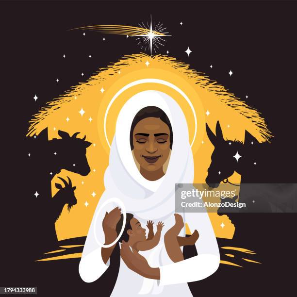 stockillustraties, clipart, cartoons en iconen met the birth of christ. the holy child. mother and child. - baby goats