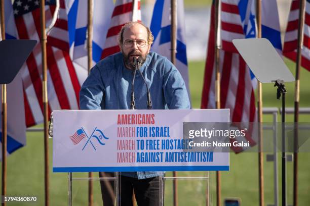 Brett Gelman speaks during 'March For Israel' at the National Mall on November 14, 2023 in Washington, DC. The large pro-Israel gathering comes as...