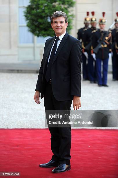 French Minister for Industrial Recovery Arnaud Montebourg arrives at the Elysee Palace for a state dinner on September 3, 2013 in Paris, France. The...