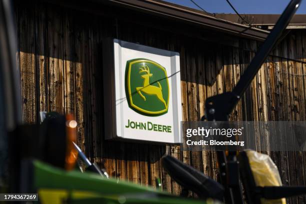 John Deere signage at a United Ag and Turf dealership in Colchester, Connecticut, US, on Friday, Nov. 3, 2023. Deere & Co. Is expected to release...