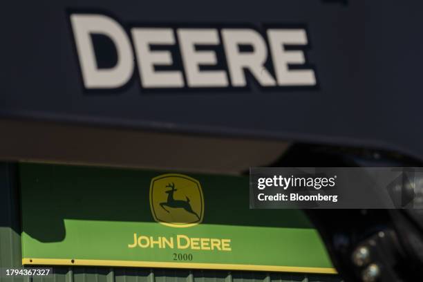 John Deere signage at a United Ag and Turf dealership in Colchester, Connecticut, US, on Friday, Nov. 3, 2023. Deere & Co. Is expected to release...