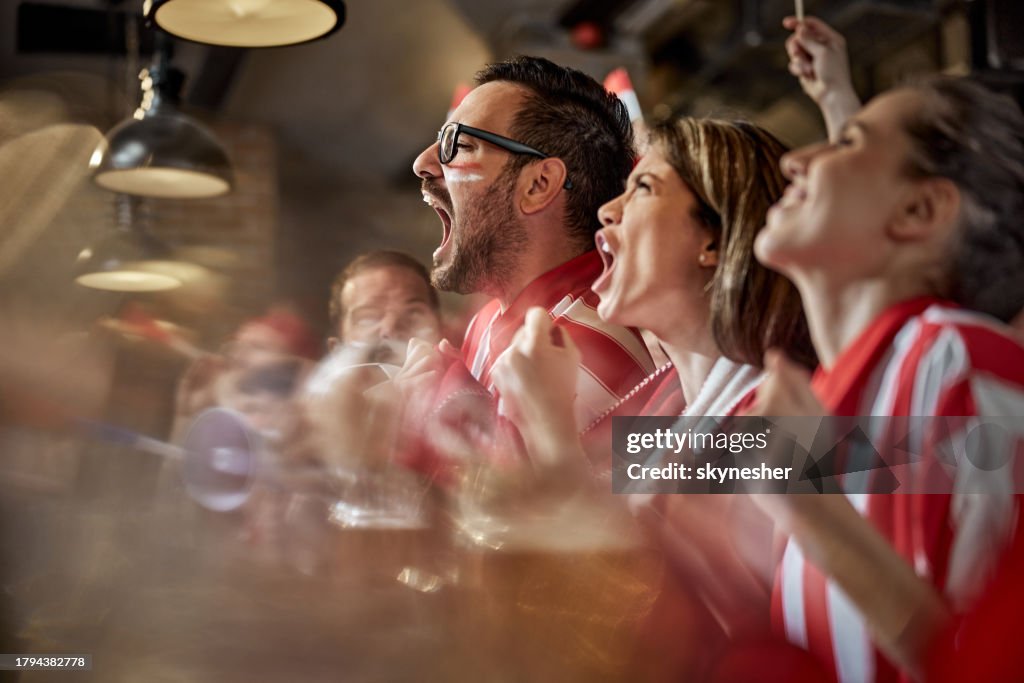 Cheerful sport fans celebrating the victory of their team in a bar.