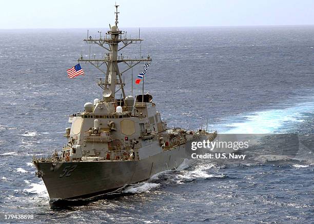 In this handout released by the U.S. Navy, the guided-missile destroyer USS Barry is seen April 7, 2008 in the Atlantic Ocean. In a response to a...