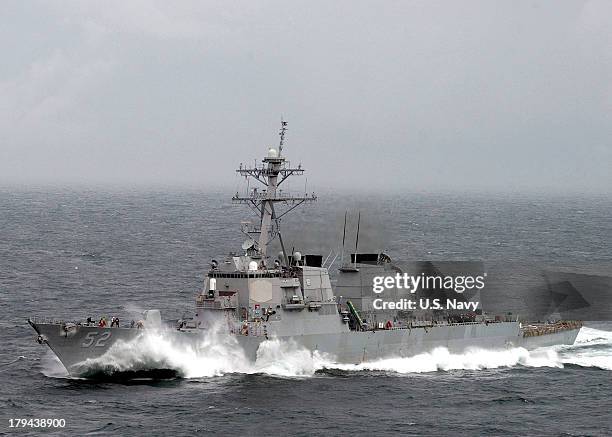 In this handout released by the U.S. Navy, the guided-missile destroyer USS Barry is seen April 2, 2005 at sea. In a response to a alleged chemical...