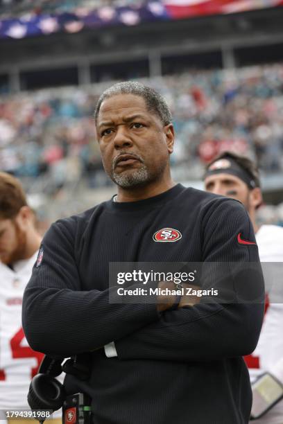 Defensive Coordinator Steve Wilks of the San Francisco 49ers on the sideline before the game against the Jacksonville Jaguars at EverBank Stadium on...