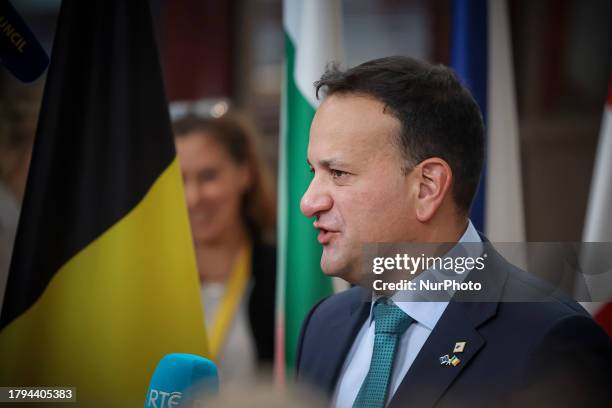 Leo Varadkar the Taoiseach of Ireland, the head of government or prime minister of Ireland arrives at the European Council Summit and holds a stand...