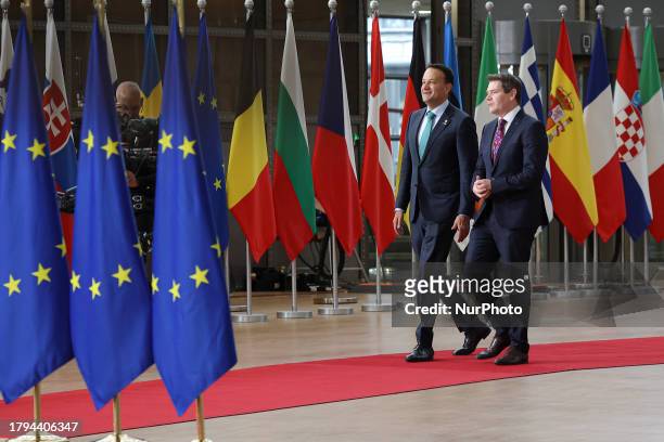 Leo Varadkar the Taoiseach of Ireland, the head of government or prime minister of Ireland arrives at the European Council Summit and holds a stand...