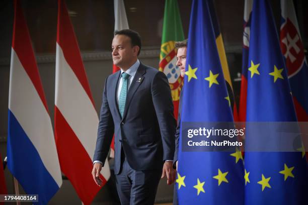 Leo Varadkar the Taoiseach of Ireland, the head of government or prime minister of Ireland arrives at the European Council Summit and holds a stand...