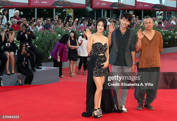 Lee Eun-Woo, Seo Young Joo and Kim Ki-duk attend the "Moebius" Premiere during the 70th Venice International Film Festival at Sala Grande on...