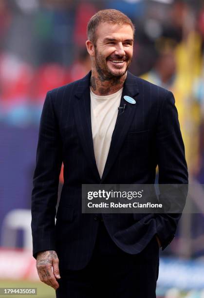 Goodwill Ambassador, David Beckham looks on prior to the ICC Men's Cricket World Cup India 2023 Semi Final match between India and New Zealand at...